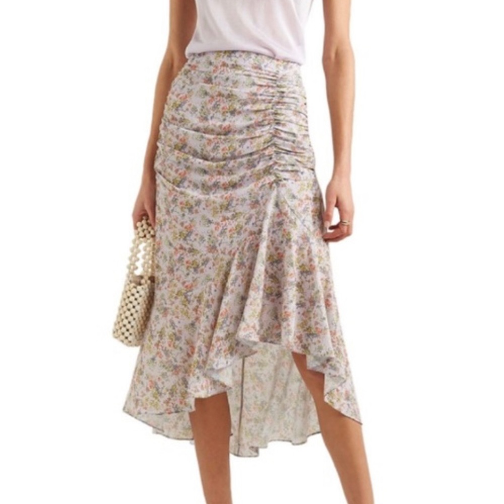 Alice + Olivia Purple Asymmetric Ruched Floral Print Crepe Skirt